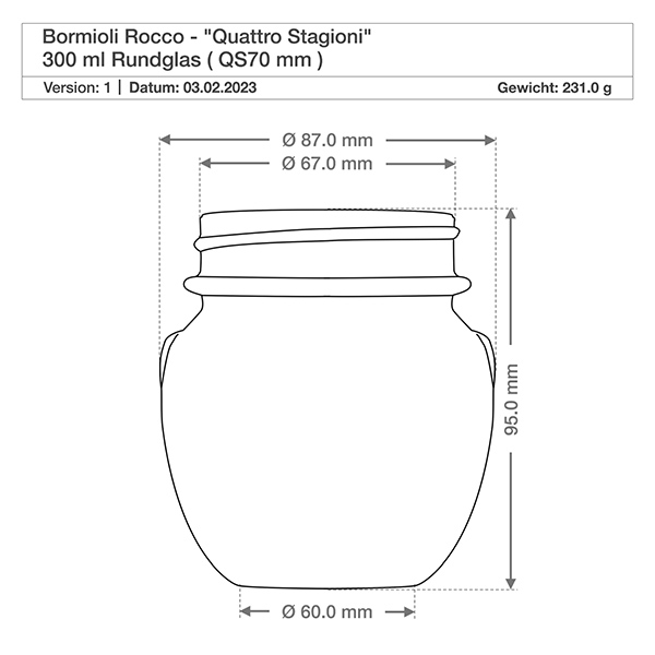 Tarro redondo "Quattro Stagioni" de 300 ml con tapa Dibujo técnico Vaso redondo de 300 ml Quattro Stagioni con dimensiones y tapa de Bormioli Rocco