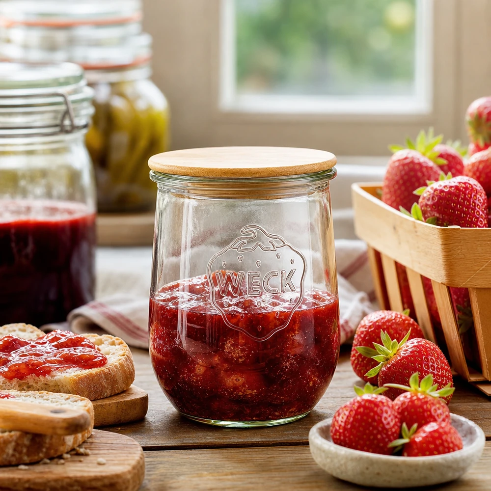 WECK tarro tulipán RR100 1062ml con tapa de madera lleno de mermelada de fresa en la mesa de la cocina con fresas frescas