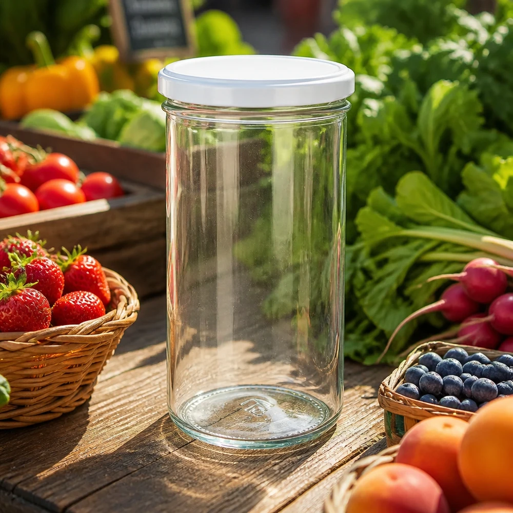 Tarro de albañil de 277 ml con tapa blanca sobre una mesa de madera rodeado de fruta y verdura fresca, ideal para conservar