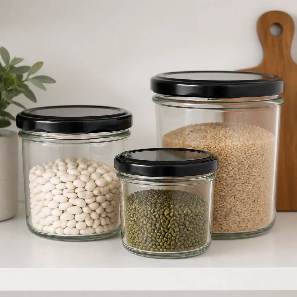 Vasos de 230ml con tapa BasicSeal negro UNiTWIST 230ml Sturzglas Größenvergleich mit verschiedenen Hülsenfrüchten und Reis zeigt ideale Portionierung für Vorratshaltung