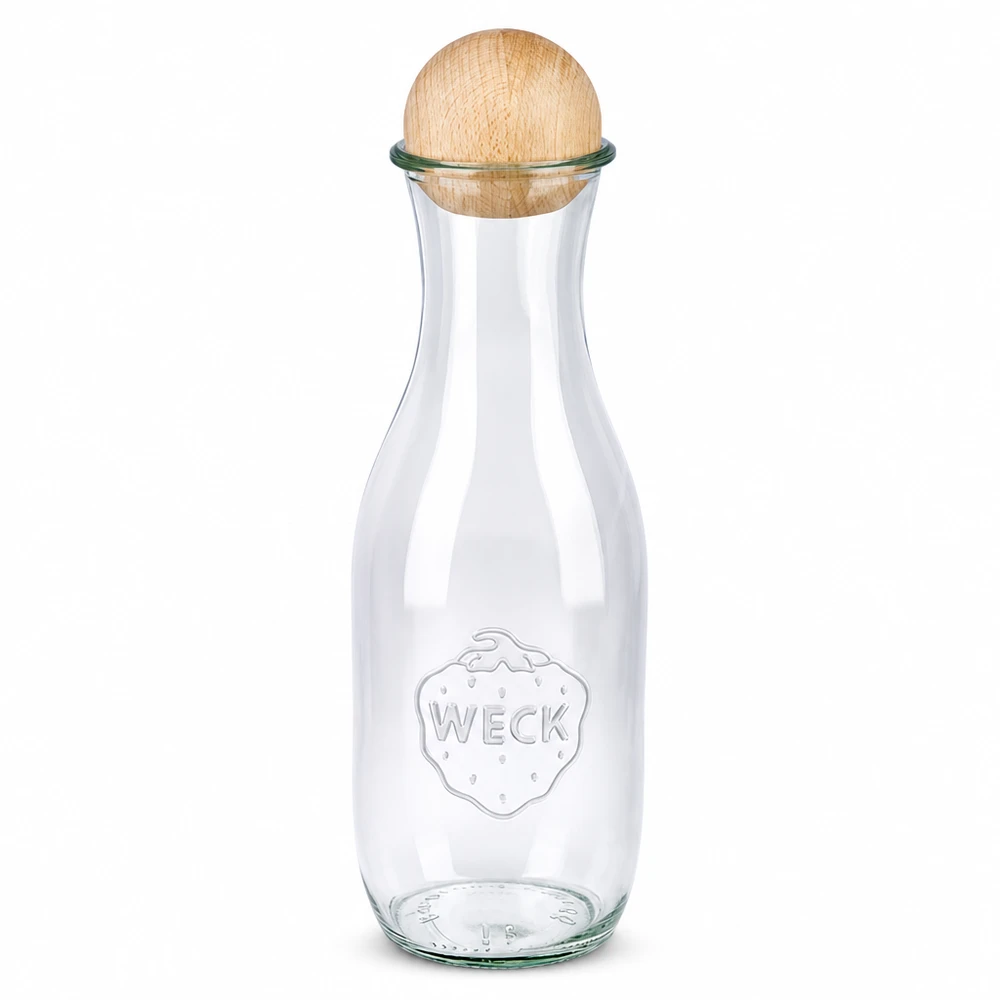 1062ml botella de zumo WECK RR60 con bola de madera de haya Botella de zumo WECK 1062ml RR60 con bola de madera Cierre de haya Botella de cristal transparente Conservas