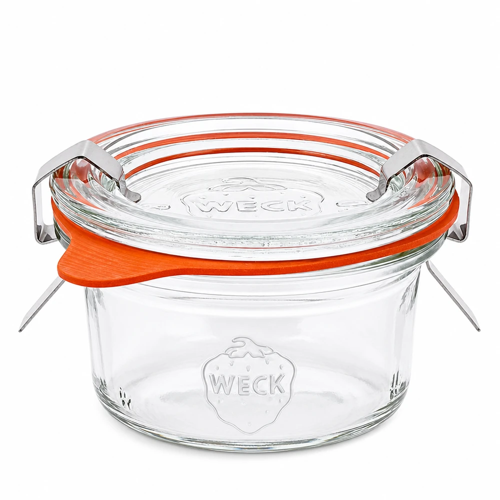 Juego completo de vasos de 50ml WECK RR60 Juego completo de vasos WECK RR60 de 50 ml con tapa de cristal y anillo de goma naranja para enlatar y conservar