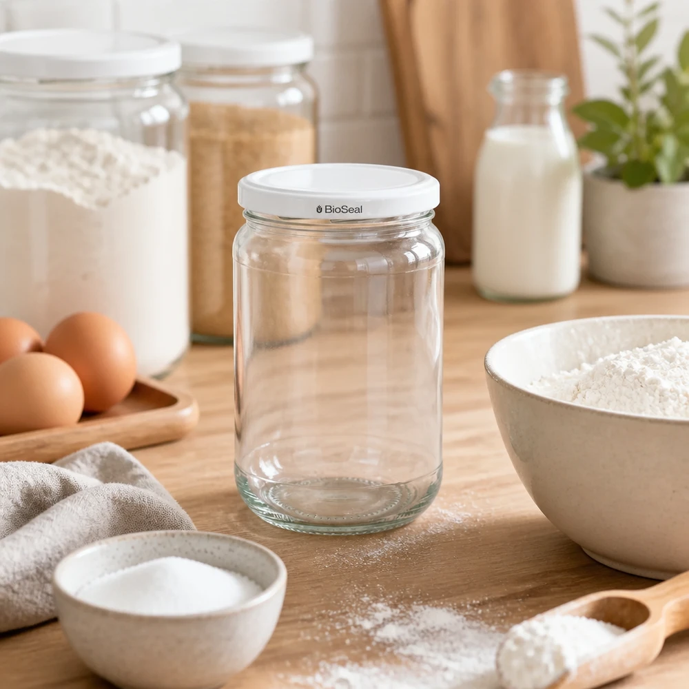Tarro de conservas UNiTWIST Runda305 con tapa blanca BioSeal entre ingredientes de repostería - ideal para harina y utensilios de cocina