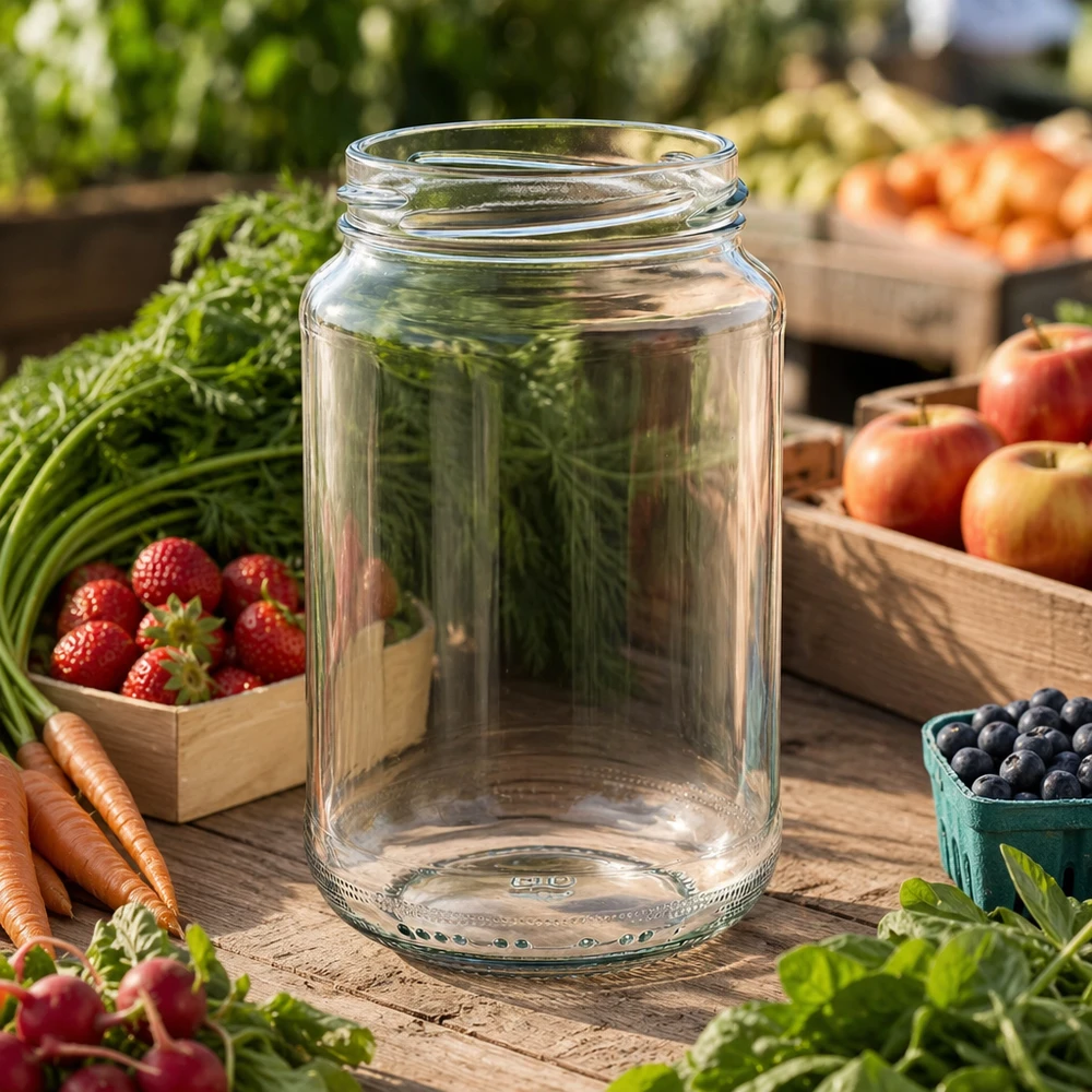 Tarro redondo de 375ml sin tapa (TO63) UNiTWIST UNiTWIST Runda375 vaso redondo 375ml TO63 en una mesa de madera rodeada de verduras, frutas y hierbas frescas en el jardín