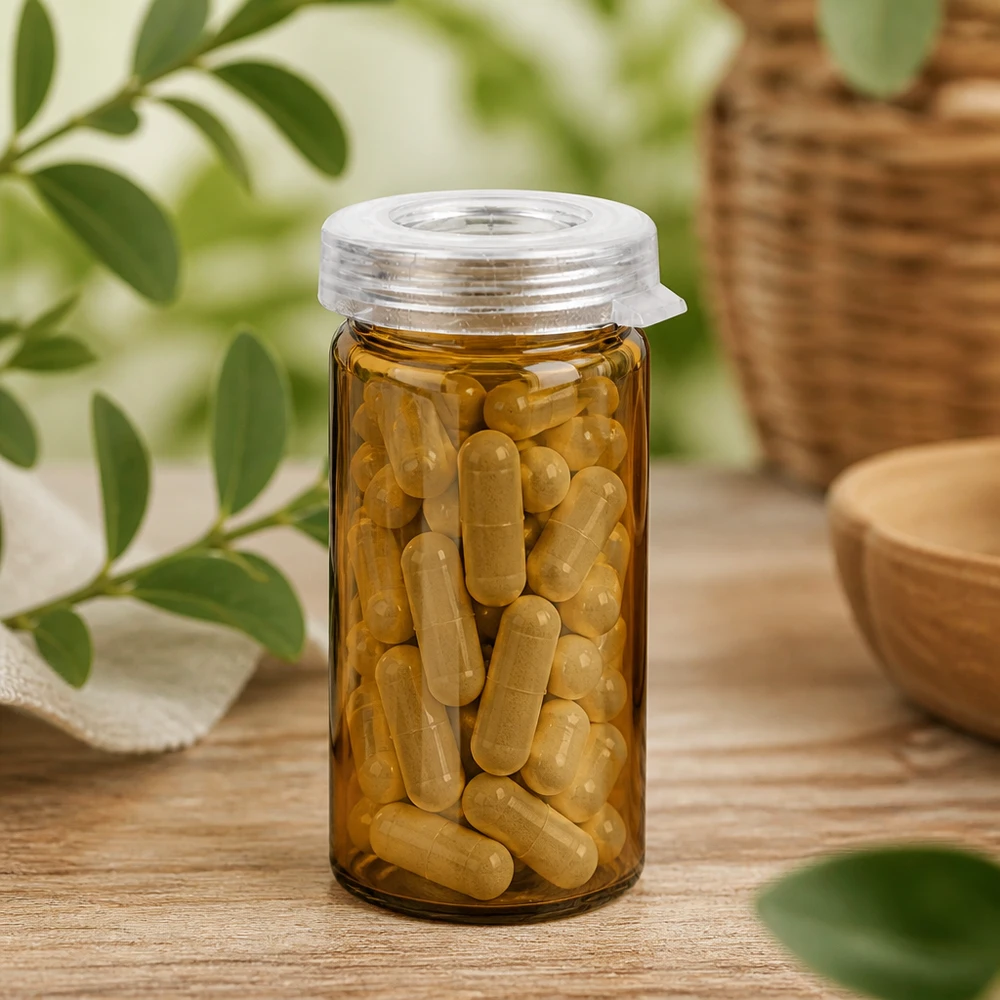 Frasco para comprimidos de color ámbar de 5 ml con cápsulas de color amarillo dorado sobre una superficie de madera con decoración natural