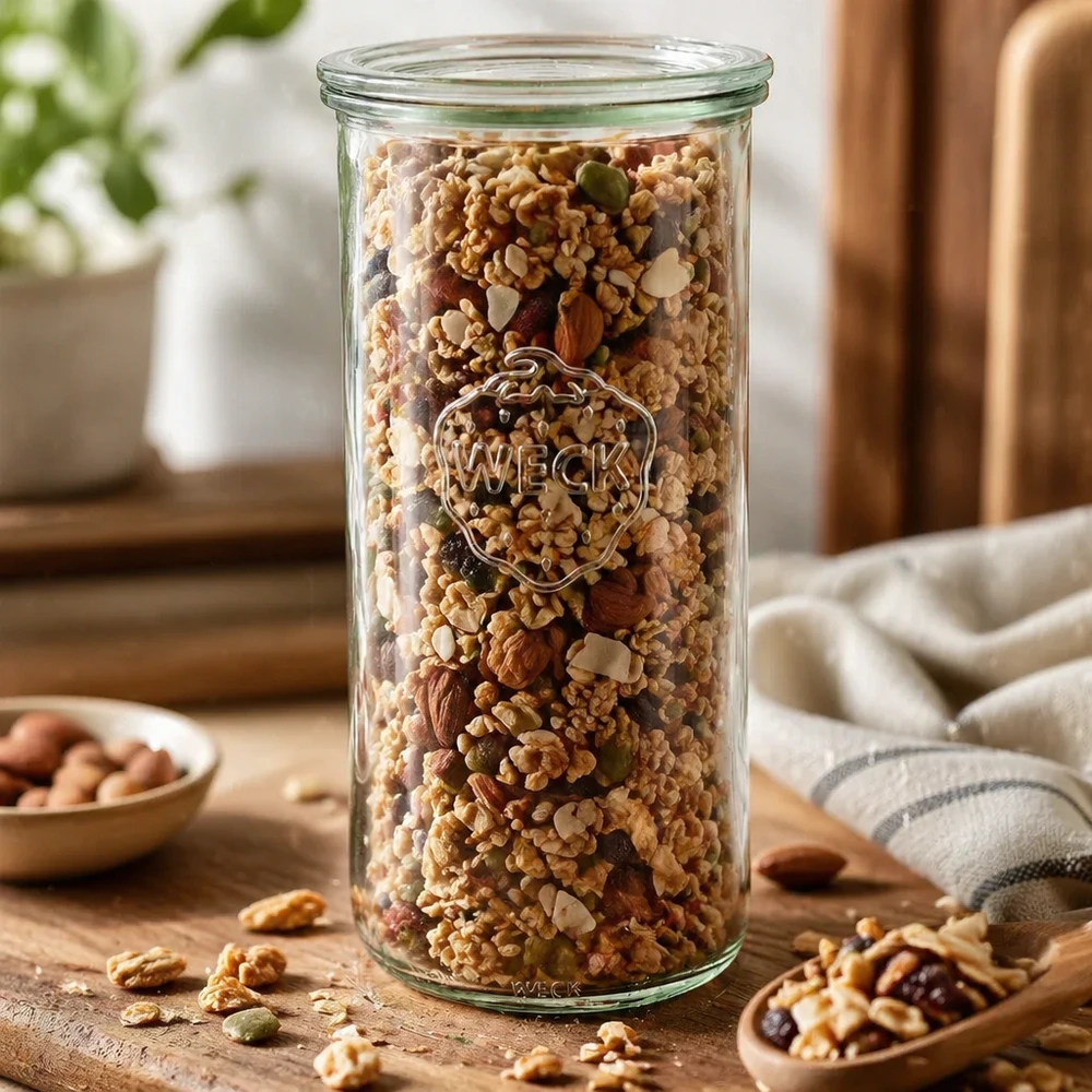 Vasos de 1500ml con tapa de cristal WECK RR100 WECK RR100 Tarro de almacenamiento de 1500 ml lleno de frutos secos, muesli y fruta deshidratada sobre una mesa de madera Tarro de almacenamiento de cocina