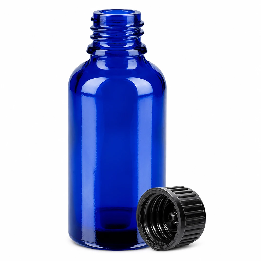 Frasco 30ml 11mm tapón rosca negro estándar BlueLine UT18/30 Pequeño frasco de vidrio de 30 ml en azul cobalto con tapón negro estriado para una dosificación precisa