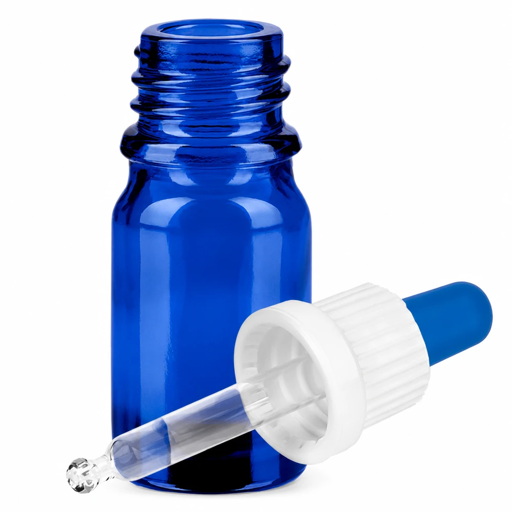Frasco de cristal azul de 5 ml con pipeta y tapón cuentagotas blanco para una dosificación exacta