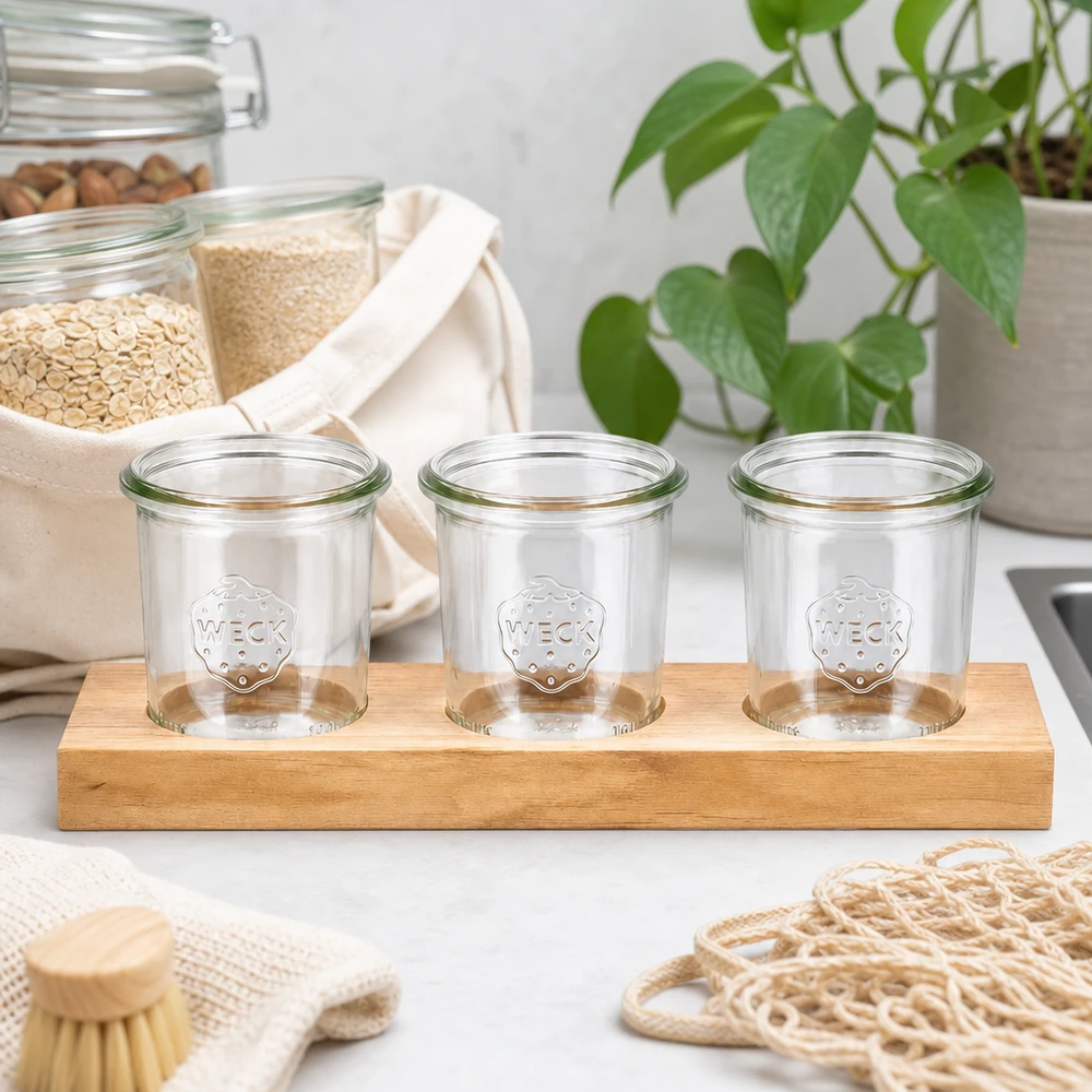 Bandeja Plano3 con 3 tarros Weck de 140 ml Vasos vacíos WECK de 140 ml sobre tabla de servir de madera Plano3 en cocina sostenible de residuo cero con fibras naturales