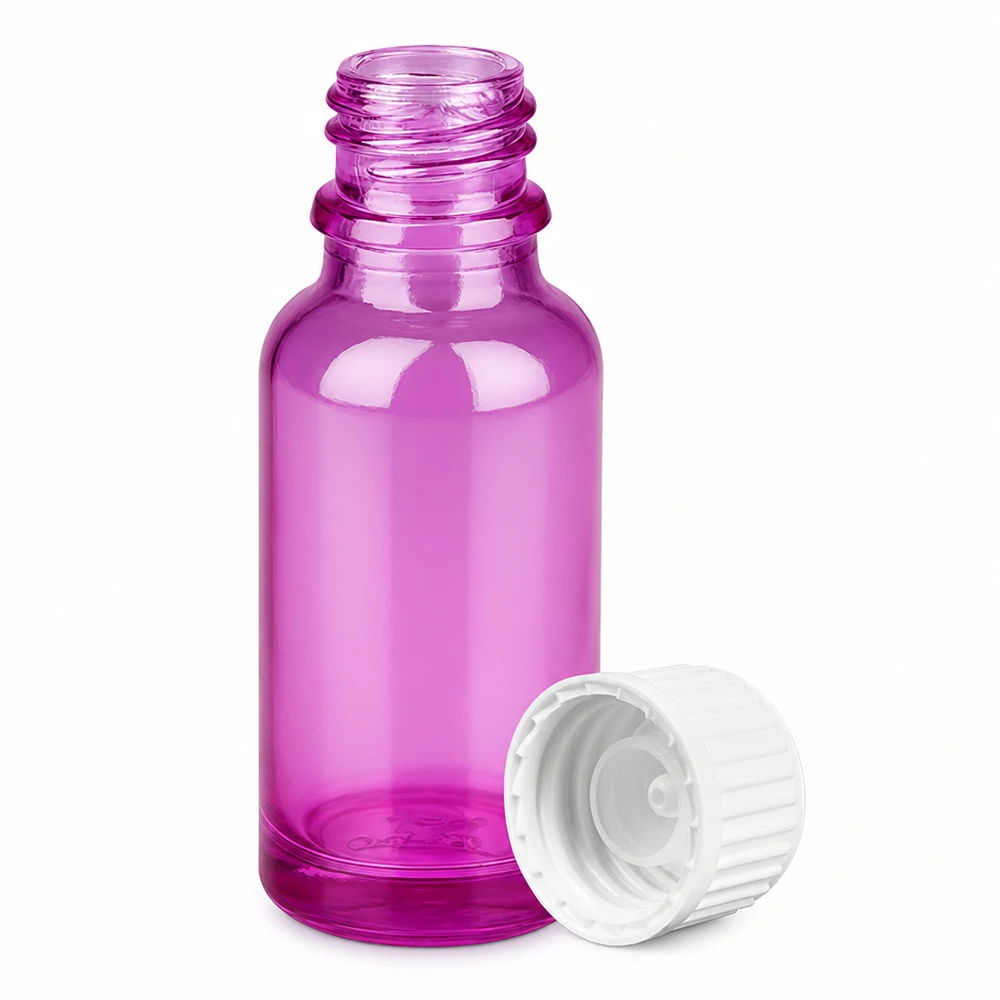 Frasco de 20 ml (glóbulo) Anillo vertedor de 3 mm blanco estándar PurpleLine.UT18/20 Pequeño frasco cuentagotas de vidrio de 20 ml de color púrpura transparente con práctico tapón de rosca