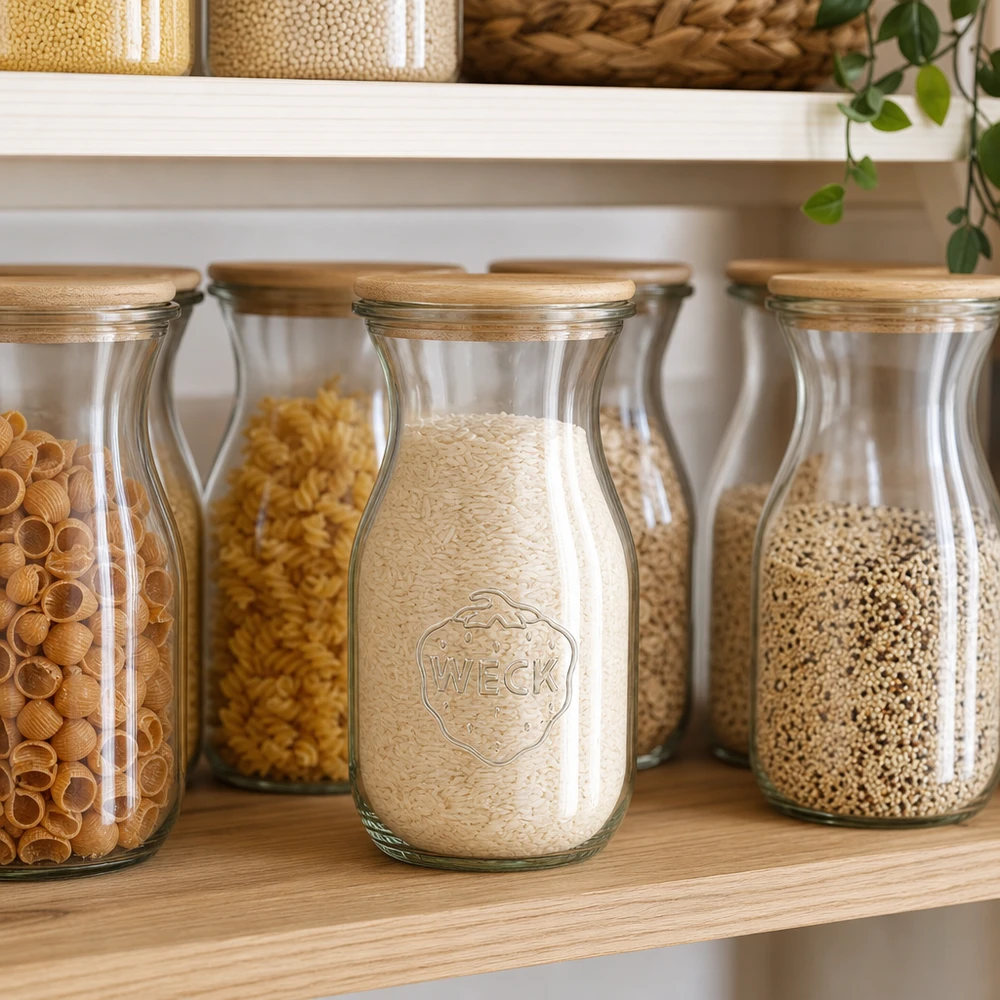 Botella de zumo de 290ml Edition RR60 con tapa de madera WECK Saftflasche 290ml mit Holzdeckel als Vorratsjar für Reis in skandinavischer Pantry mit Getreidegläsern