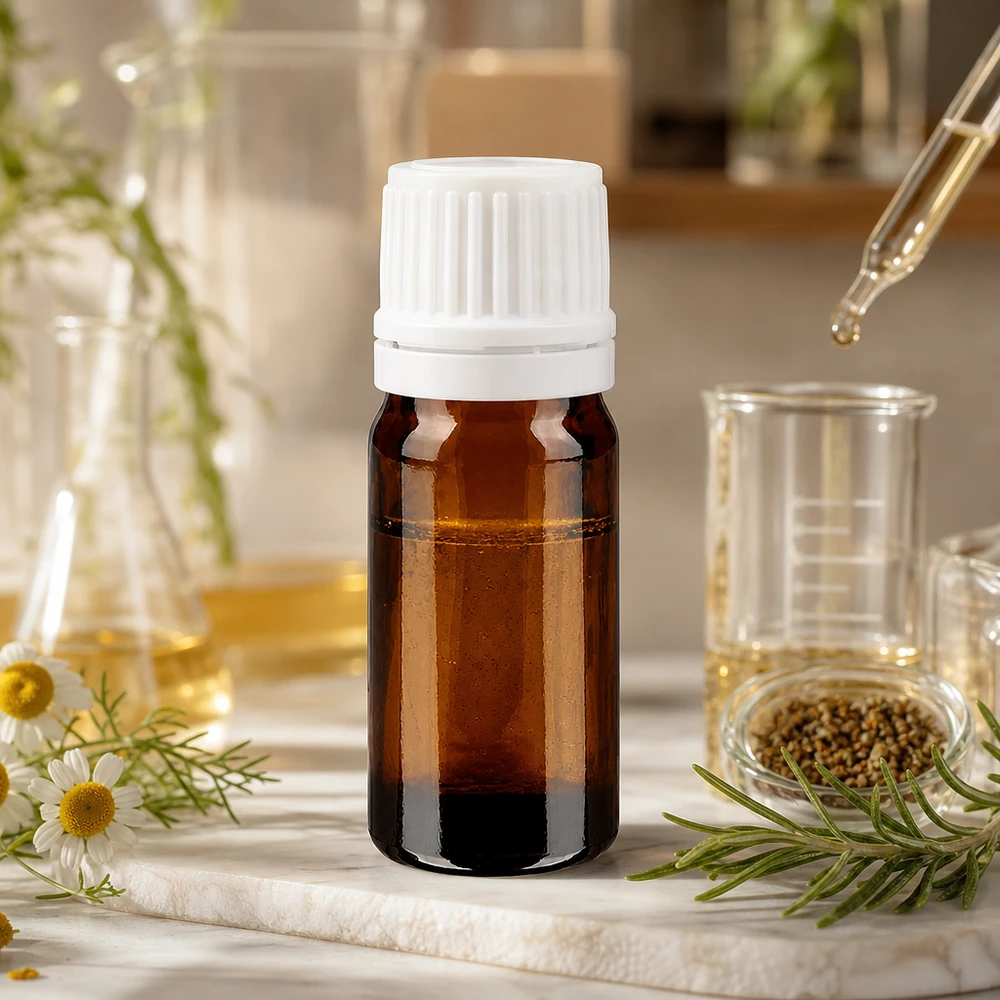 Frasco de cristal marrón de 5 ml con tapón de seguridad blanco, entre flores de manzanilla y romero