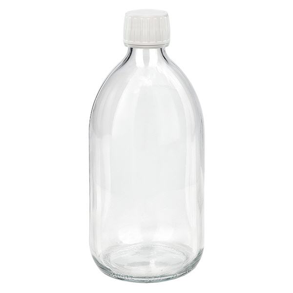 Frasco medicamento 500ml transparente, tapón blanco con precinto de seguridad ApoGlas Frasco medicamento 500ml transparente, tapón blanco con precinto de seguridad ApoGlas