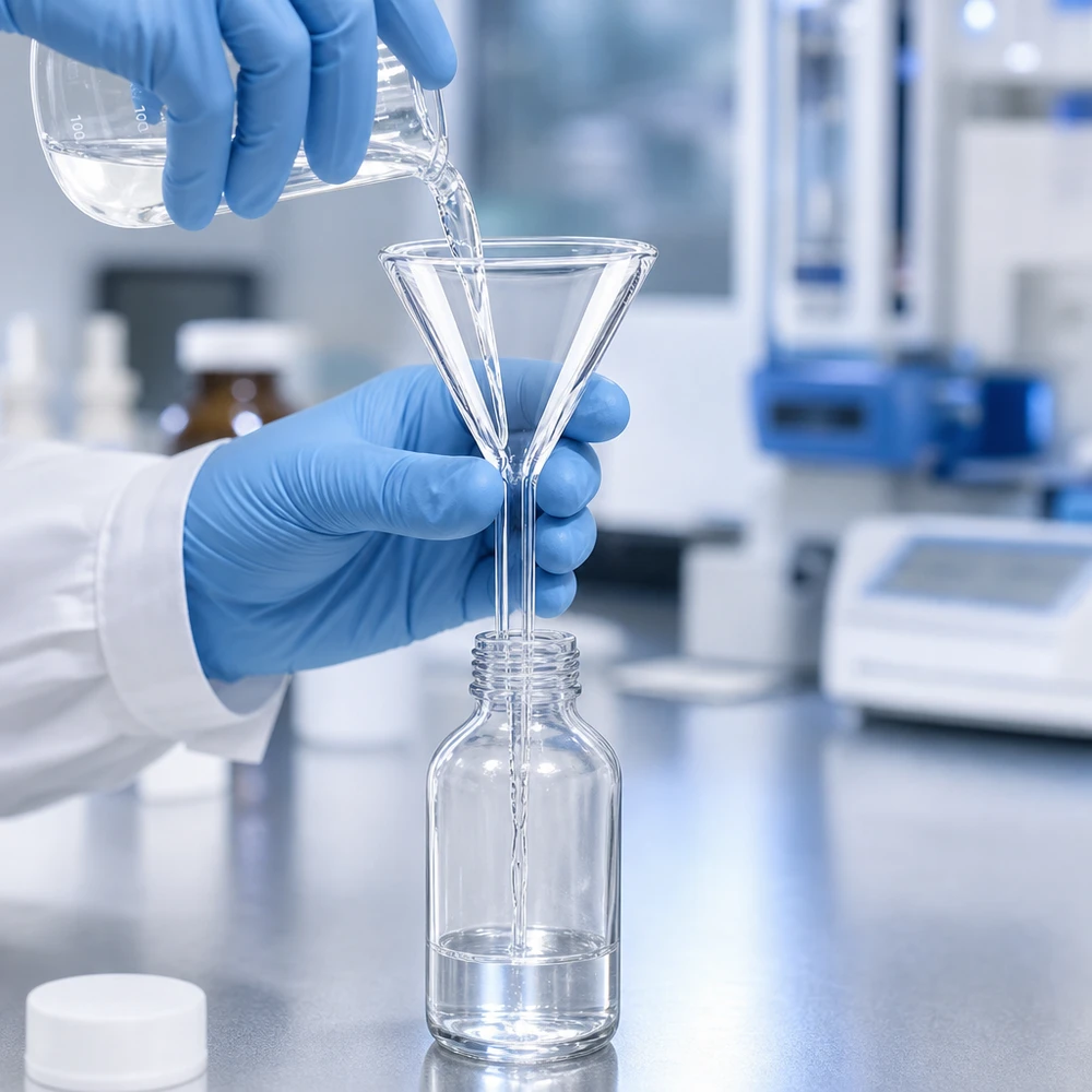 Embudo de laboratorio corto de vidrio de borosilicato de 35 mm para una decantación precisa en frascos de laboratorio