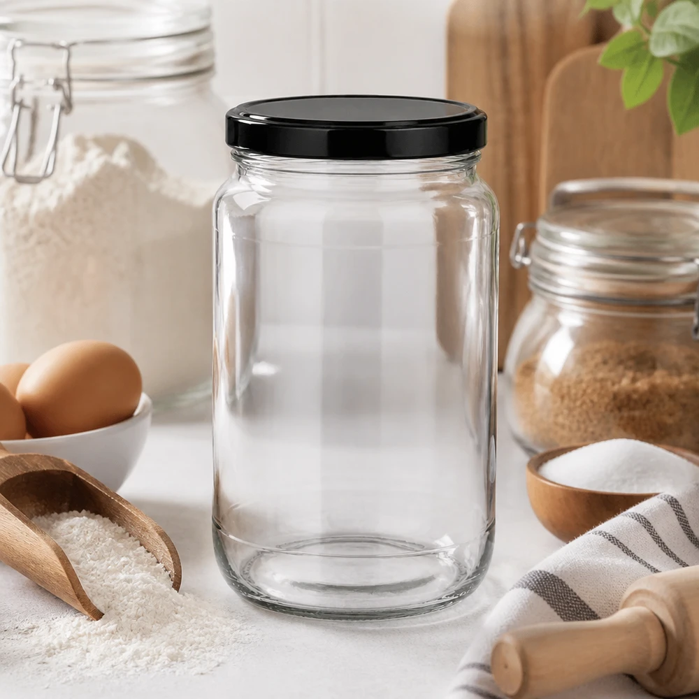 Tarro redondo de 1700ml con tapa BasicSeal negra UNiTWIST Tarro redondo de 1700 ml vacío en cocina moderna muestra un diseño elegante para un almacenamiento y decoración versátiles