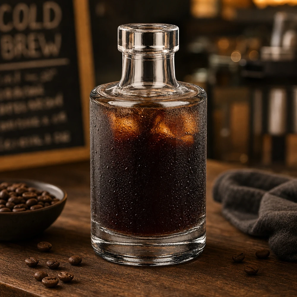 Botella de vidrio de 100 ml «Marie» sin tapón UNiTWIST® 100ml Glasflasche Marie mit Cold Brew Kaffee gefüllt neben Kaffeebohnen in gemütlicher Café-Atmosphäre
