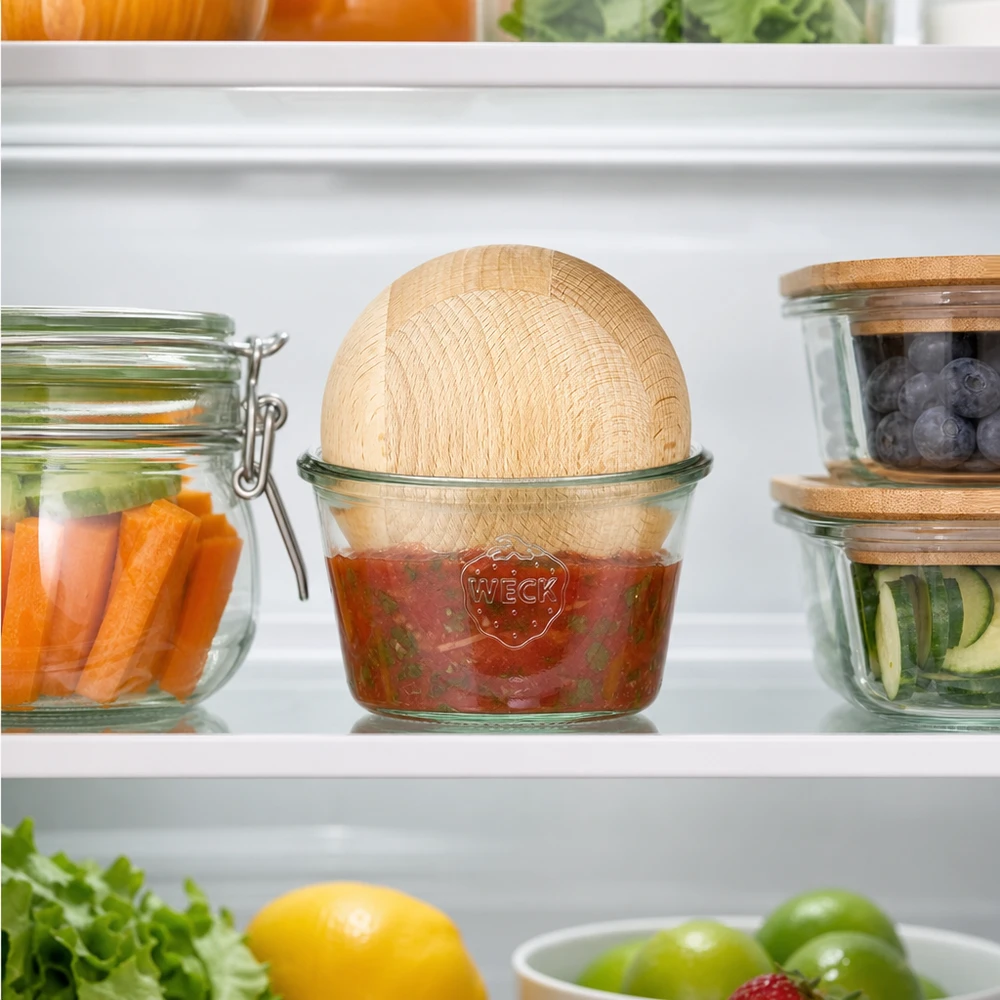 Vaso de 370ml WECK RR100 con bola de madera de haya WECK RR100 Tarro frigorífico 370ml Salsa Dip Bola de haya junto a verduras ingredientes frescos