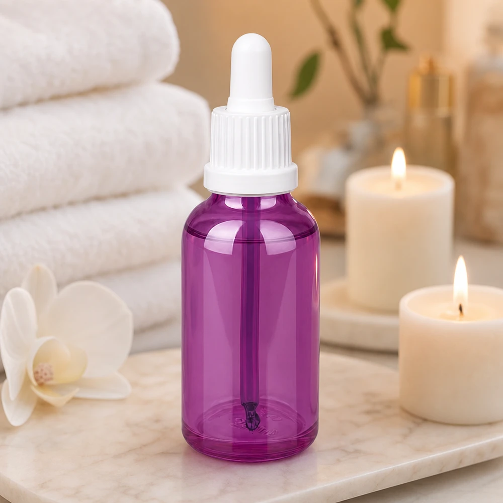 Frasco pipeta 30ml tapón rosca originalidad blanco PurpleLine UT18/30 Frasco pipeta de 30 ml de vidrio violeta de alta calidad con tapón UT18 blanco para sueros