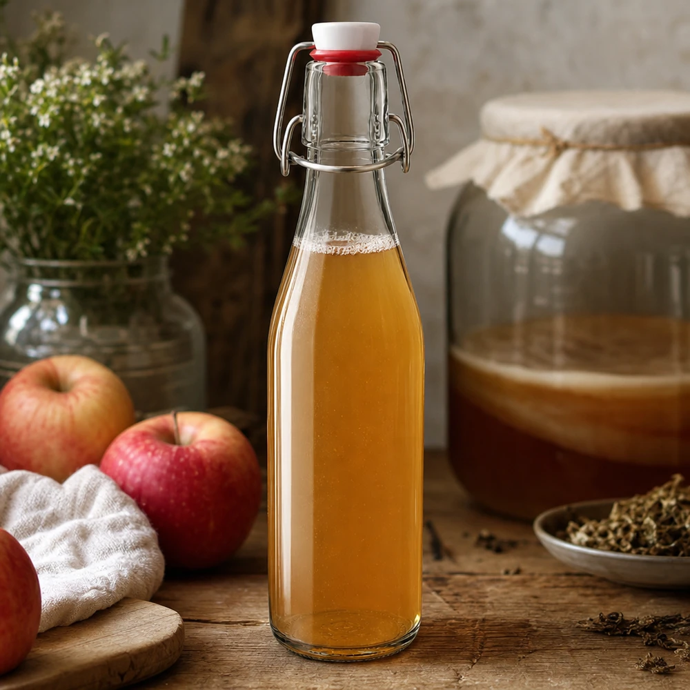 Botella de cristal de 250 ml con tapón oscilante llena de vinagre de sidra de manzana, escena de cocina rústica con manzanas rojas y especias