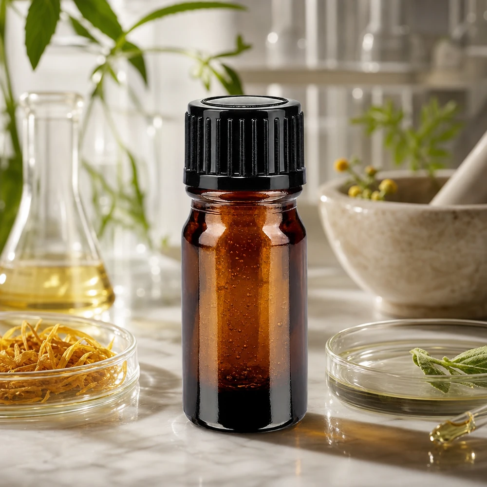 Frasco de cristal marrón de 5 ml con tapón de rosca negro, rodeado de hierbas medicinales y utensilios de laboratorio