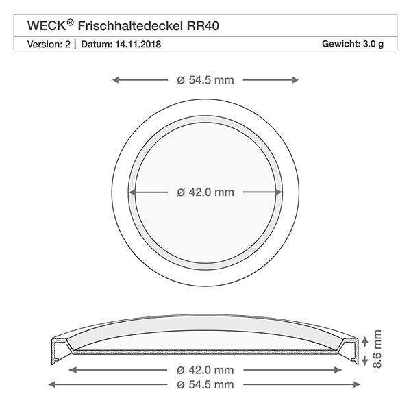 Tapa de conservación WECK RR40 Dibujo técnico de la tapa de conservación WECK RR40 de 54,5 mm de diámetro exterior y 42,0 mm de diámetro interior