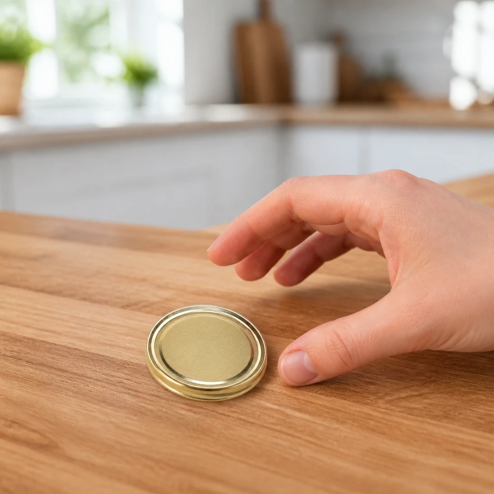 UNiTWIST TO58 dorado, BioSeal, sin BPA, unitemp La tapa dorada del TO58 descansa sobre una mesa de madera; una mano la coge: UNiTWIST BioSeal unitemp