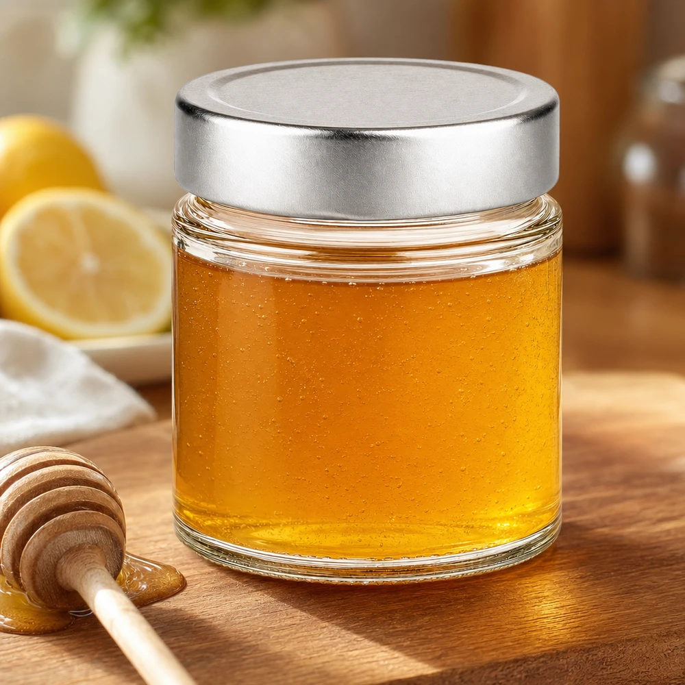 135ml tarro redondo tapa de plata lleno de miel dorada miel cuchara limón cocina natural tarro de comida