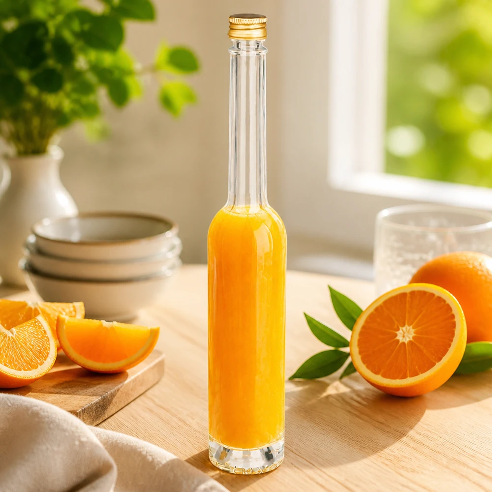 Botella de vidrio de 100 ml Toni llena de zumo de naranja - tapón de rosca dorado UNiTWIST en un escenario de cocina con naranjas frescas