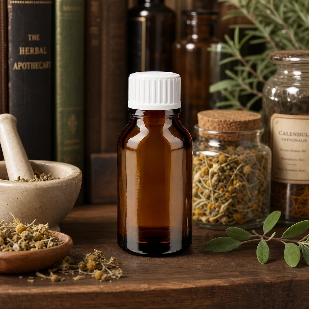 Frasco de farmacia marrón de cristal de 30 ml con tapón blanco, rodeado de hierbas y plantas medicinales