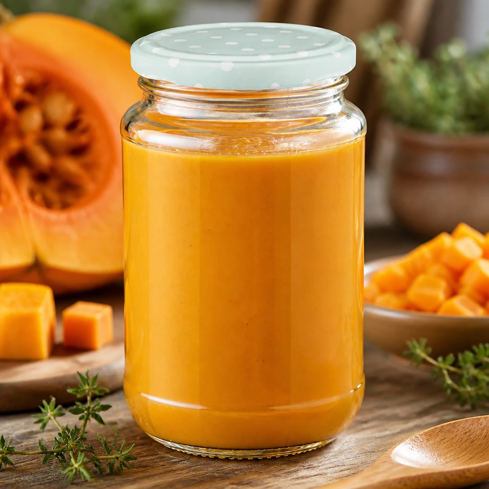 Puré de calabaza en un tarro redondo de cristal UNiTWIST de 320 ml con tapa BasicSeal de puntos en color menta mate, junto a una calabaza fresca
