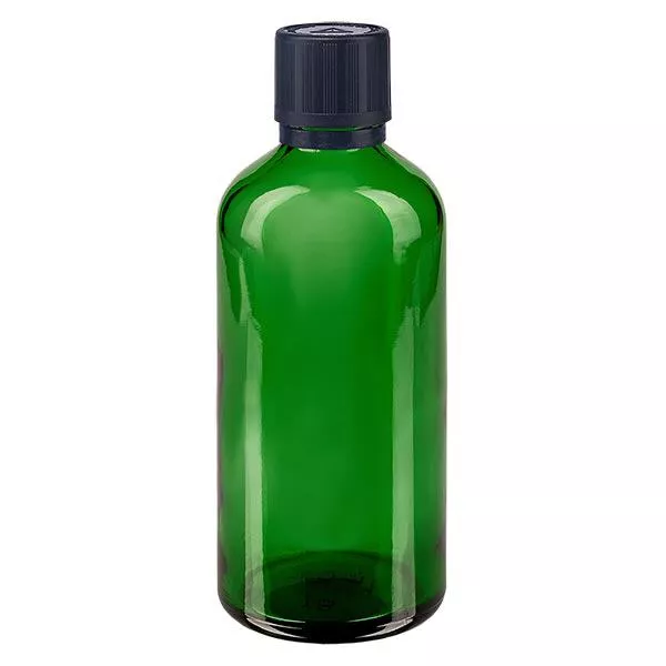 Botella de farmacia verde 100ml cuentagotas tapa premium 1mm negro a prueba de niños cierre inviolable Botella de farmacia verde 100ml cuentagotas tapa premium 1mm negro a prueba de niños cierre inviolable