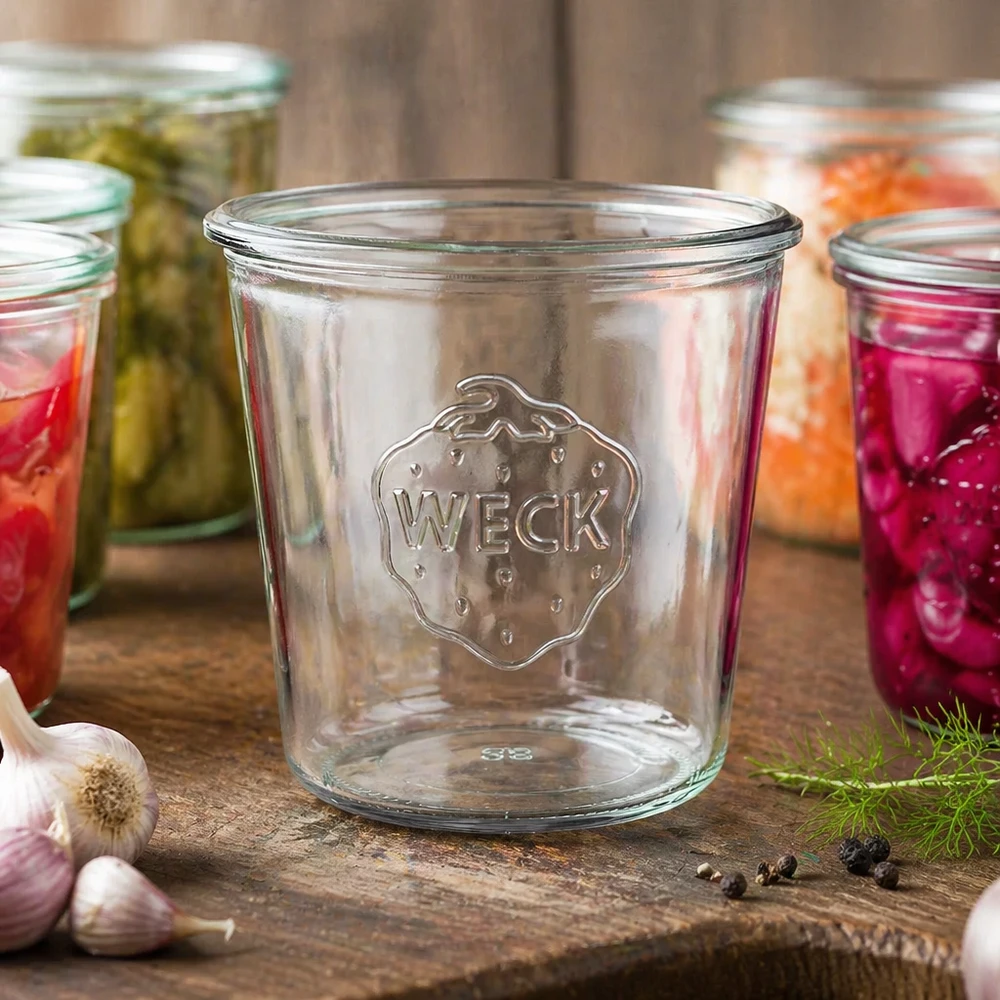 Tarro de cristal de 580 ml WECK RR100 vacío con logotipo sobre mesa de madera junto a coloridos tarros de conserva con verduras y ajo