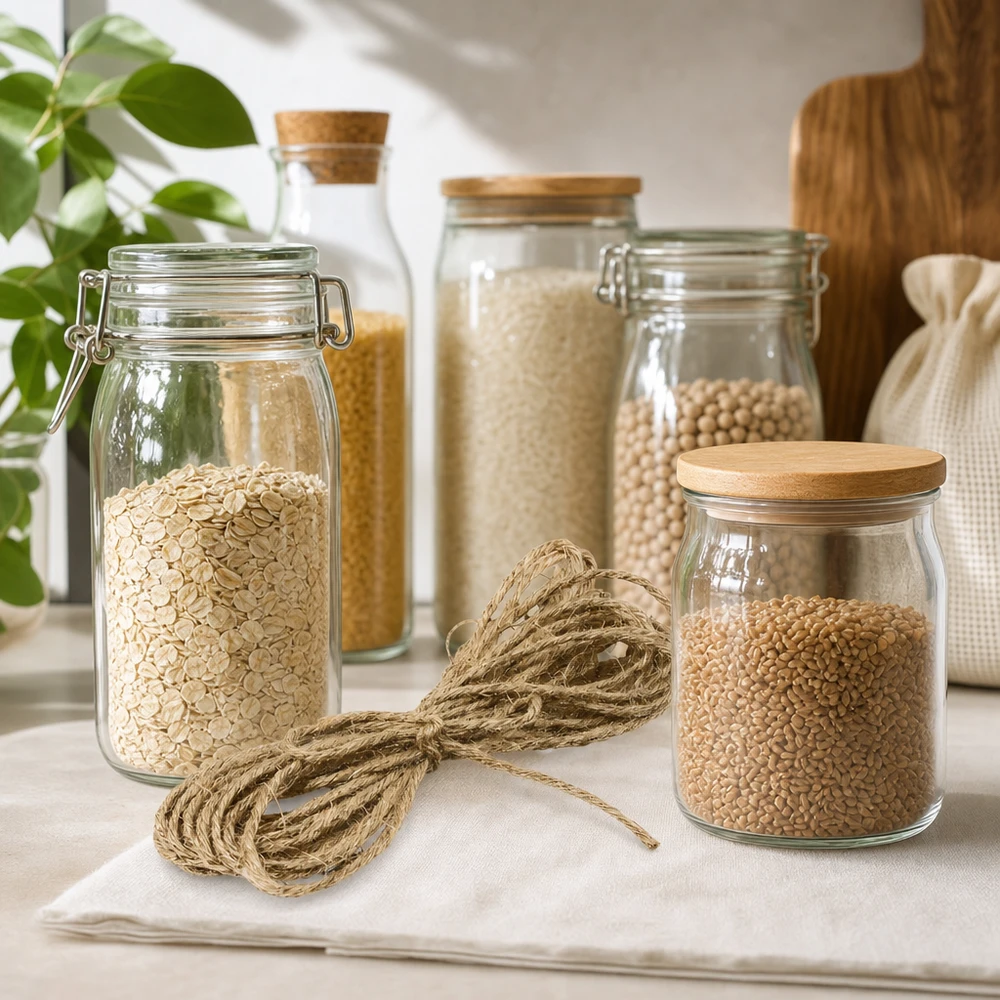 Cordón de yute natural 300cm entre tarros de almacenaje decorados con cereales y legumbres sobre encimera de cocina