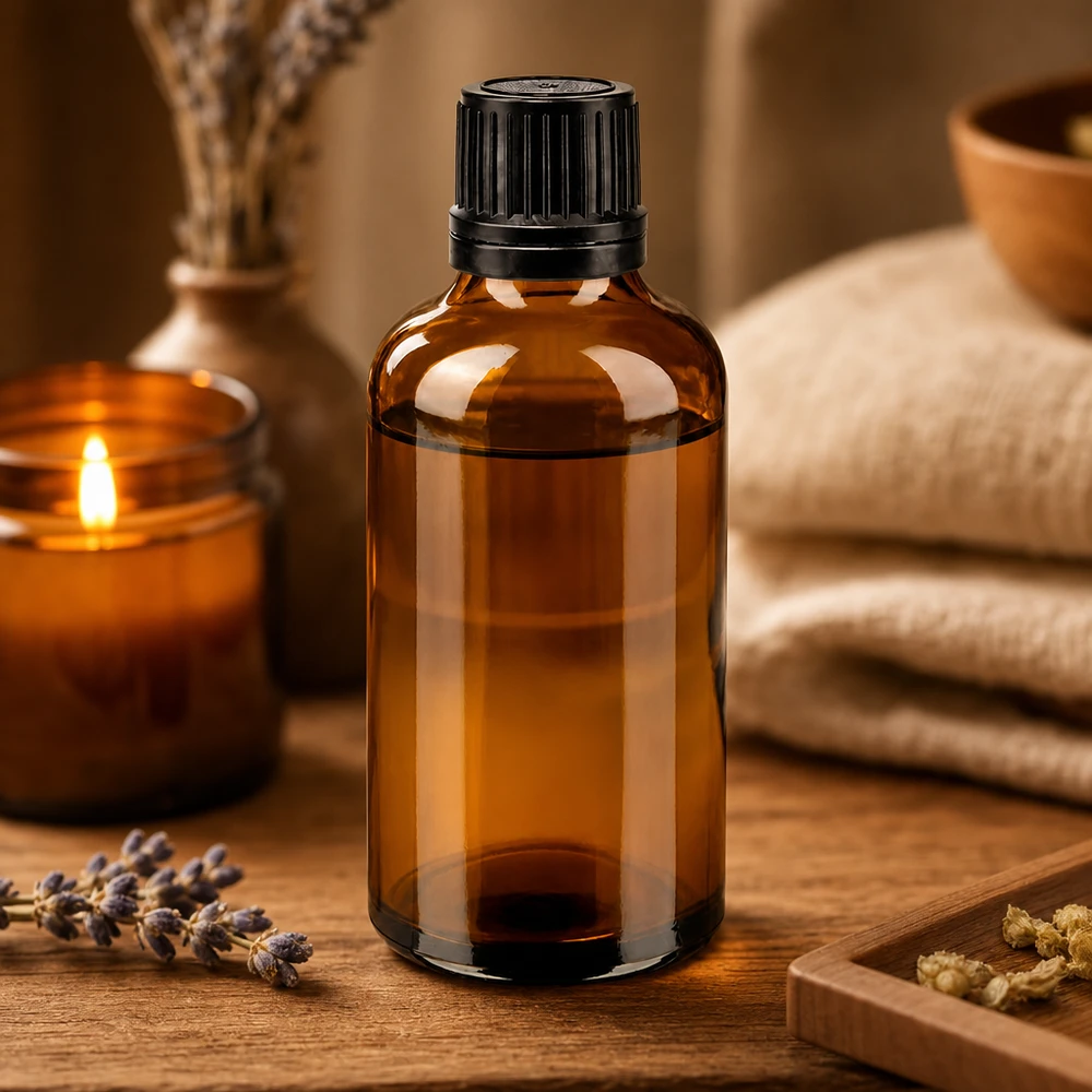 Frasco de vidrio ámbar de 50 ml con tapón de rosca negro, OV 8 mm, «Luz de velas y bienestar», fondo de madera