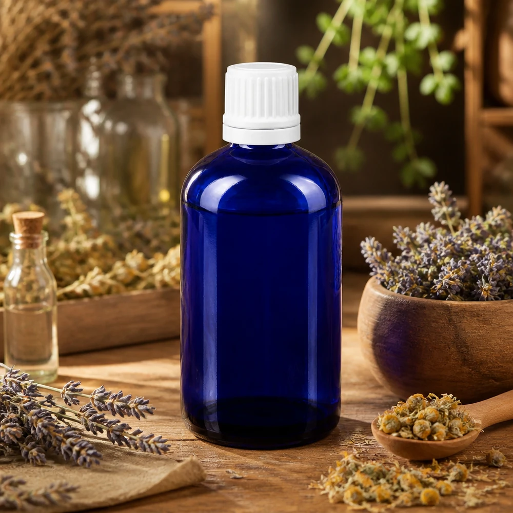 Botella de farmacia azul 100ml tapón cuentagotas 1.2mm blanco inviolable Frasco cuentagotas de 100 ml de cristal de farmacia azul cobalto con tapón OV blanco, entre flores de lavanda y manzanilla