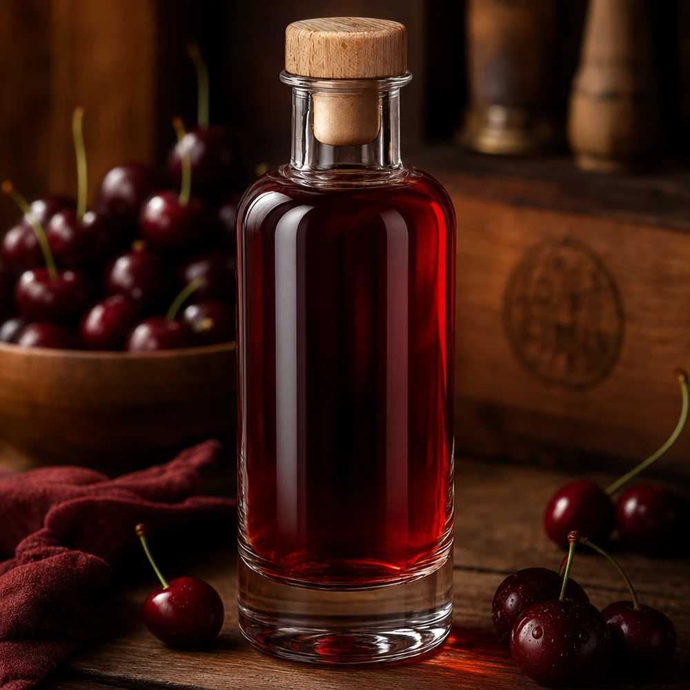 Botella de vidrio de 200 ml «Ella» con tapón de corcho con asa de madera UNiTWIST® Glasflasche Ella 200ml mit Holzkorken gefüllt mit rotem Kirschlikör zwischen frischen Kirschen auf warmem Holztisch