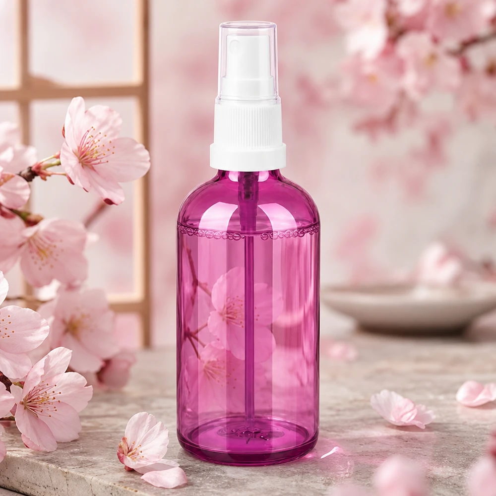 Pequeño frasco pulverizador de 100 ml en color púrpura transparente ideal para viajar y para llevar de viaje
