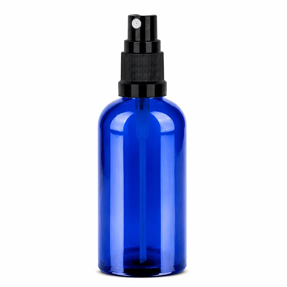 Frasco pulverizador de cristal azul de 100 ml con pulverizador de bomba negro para cosméticos y aceites esenciales