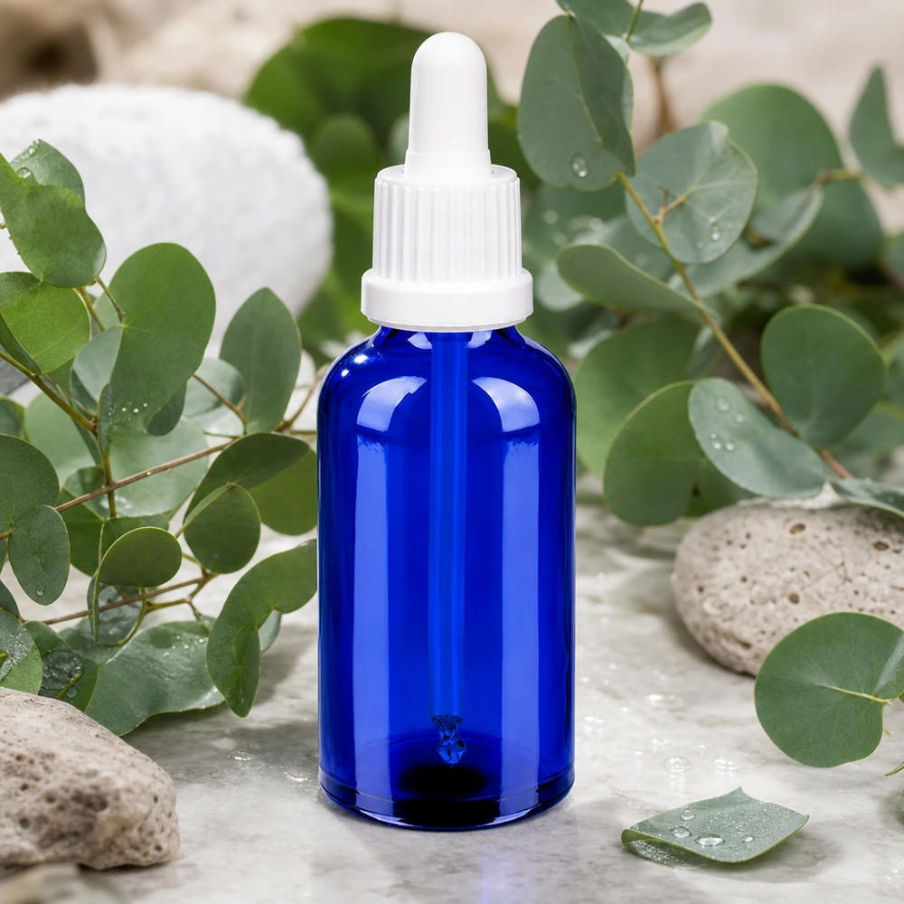 Elegante botella de pipeta azul de 50 ml OV BlueLine UT18/50 con tapón cuentagotas blanco ergonómico