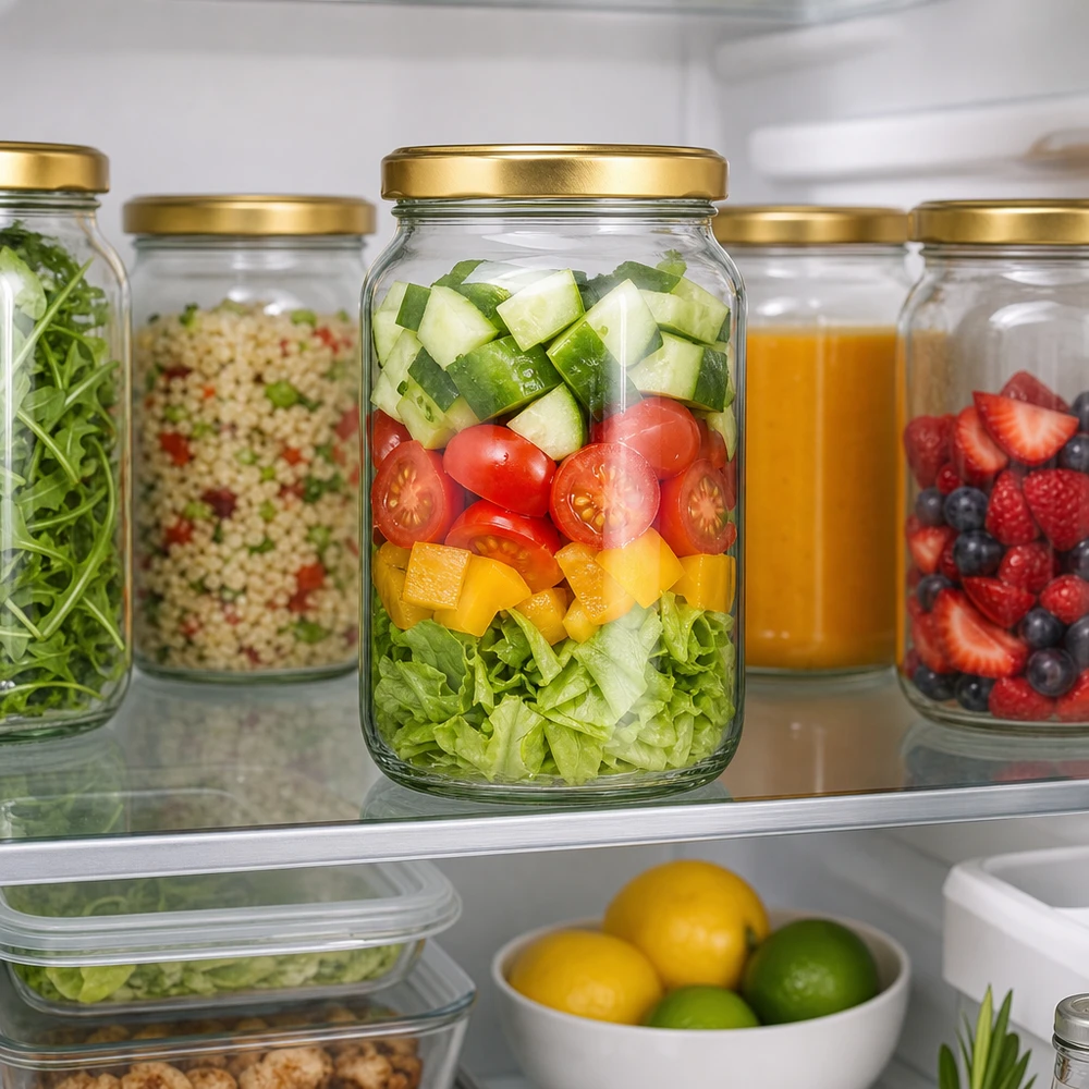 Tarro redondo 1700ml con tapa BasicSeal oro UNiTWIST Tarro redondo de 1700 ml con tapa dorada BasicSeal en el frigorífico muestra Meal Prep con ensalada y almacenamiento saludable