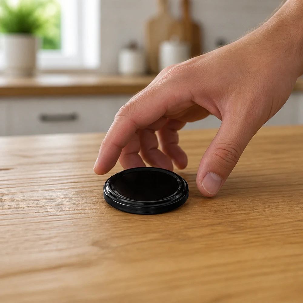 Tapa de rosca UNiTWIST TO48 negra BioSeal sin BPA de 48 mm, colocada sobre una mesa de madera, a la que se está cogiendo