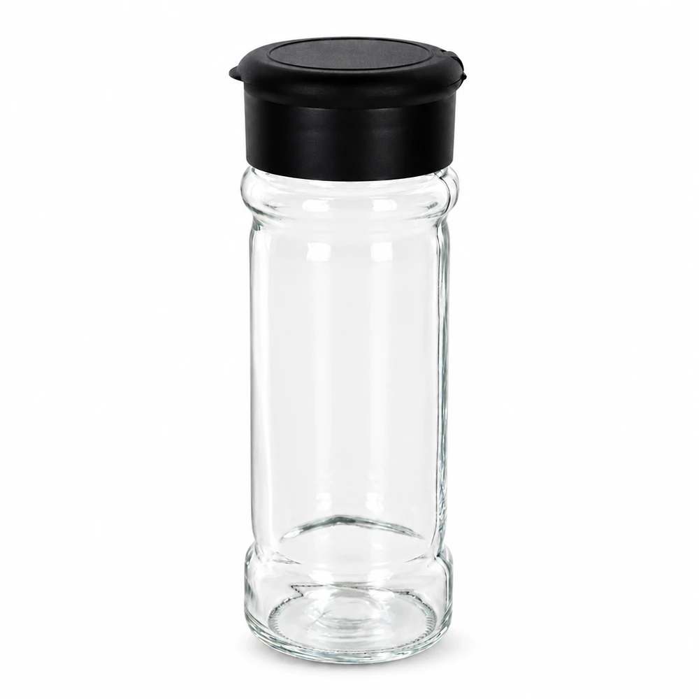 Frasco para sal y especias de 100 ml con dosificador, color negro Recipiente cilíndrico para especias de cristal transparente de 100 ml con tapa dosificadora de plástico negro que se abre por la parte superior
