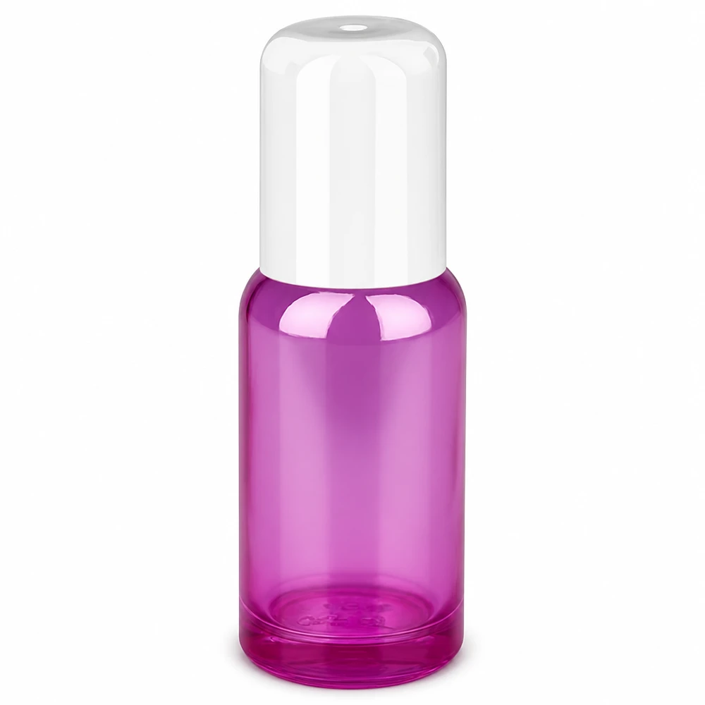 Frasco roll-on de 20 ml púrpura transparente con tapón blanco para cosméticos y perfumes