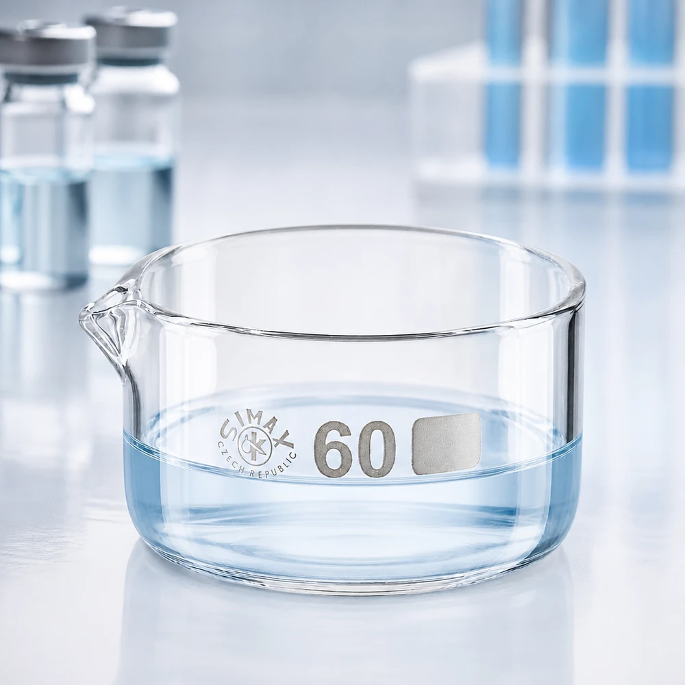 60ml cristalizador con pico de borosilicato ø60mm Recipiente de cristalización de 60 ml Simax, recipiente de cristal plano, con pico vertedor, marca en el fondo, de laboratorio, cilíndrico, transparente