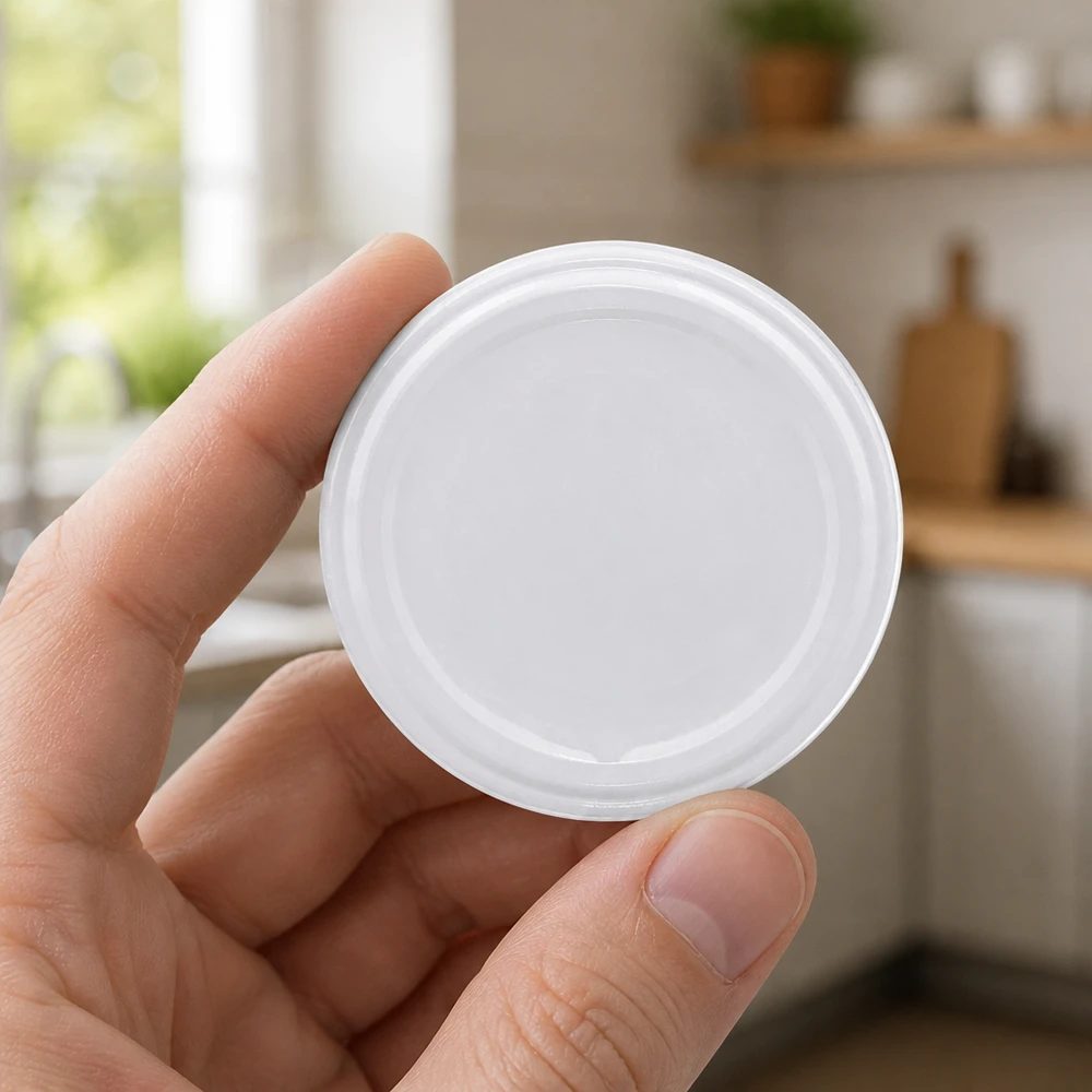 UNiTWIST TO58, tapa de rosca blanca de 58 mm, BioSeal unitemp, sin BPA ni NI, vista desde arriba, en la mano