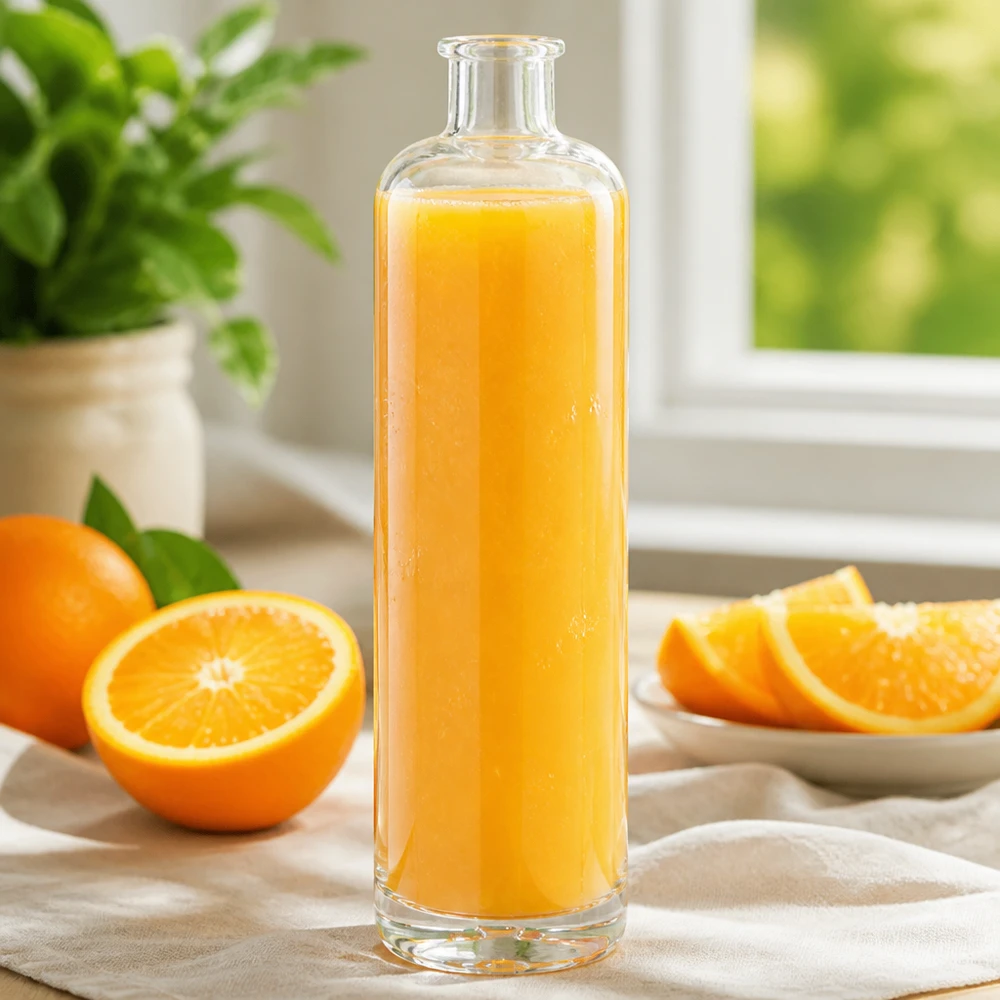 Botella de vidrio de 700 ml «Ella» sin tapón UNiTWIST® Botella de cristal de 700 ml de Ella llena de zumo de naranja natural junto a rodajas de naranja en una mesa de cocina de color claro con decoración vegetal