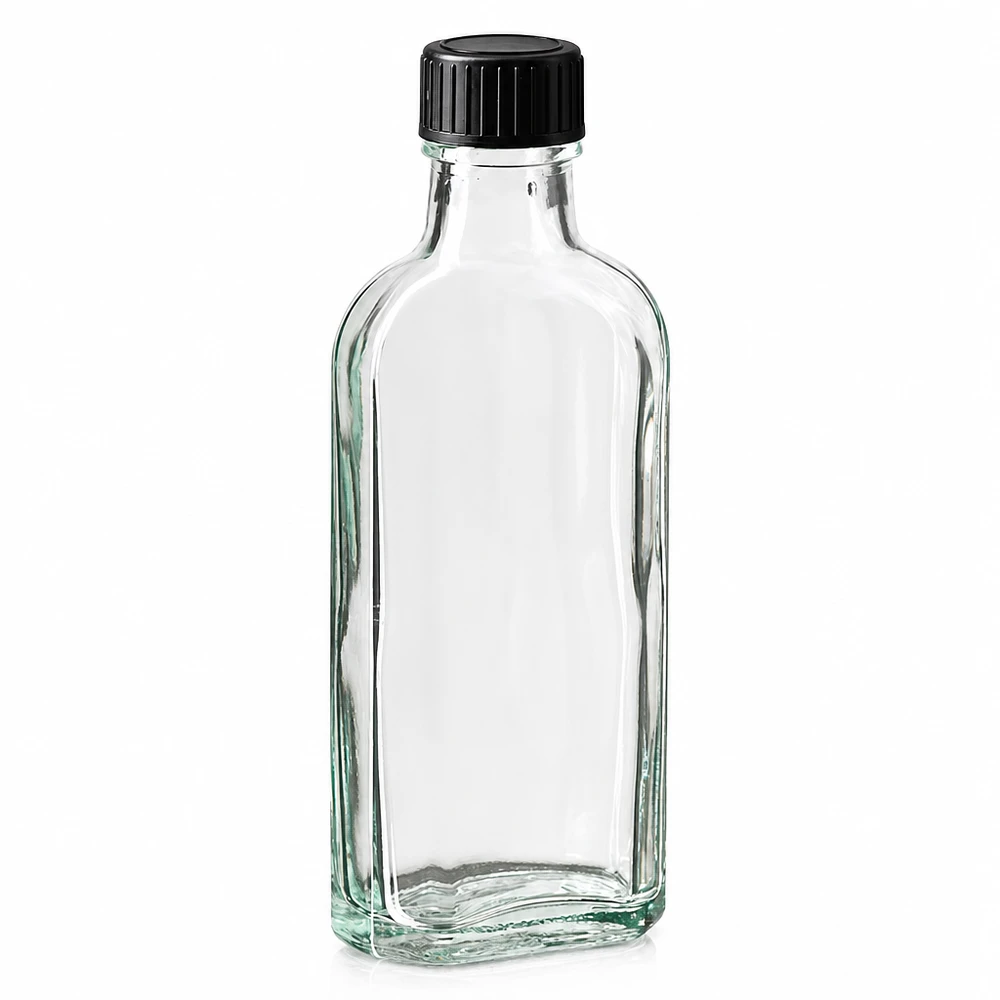 Botella de cristal transparente de 100 ml de la marca Meplat, con tapón de rosca negro y arandela de sellado de EPE
