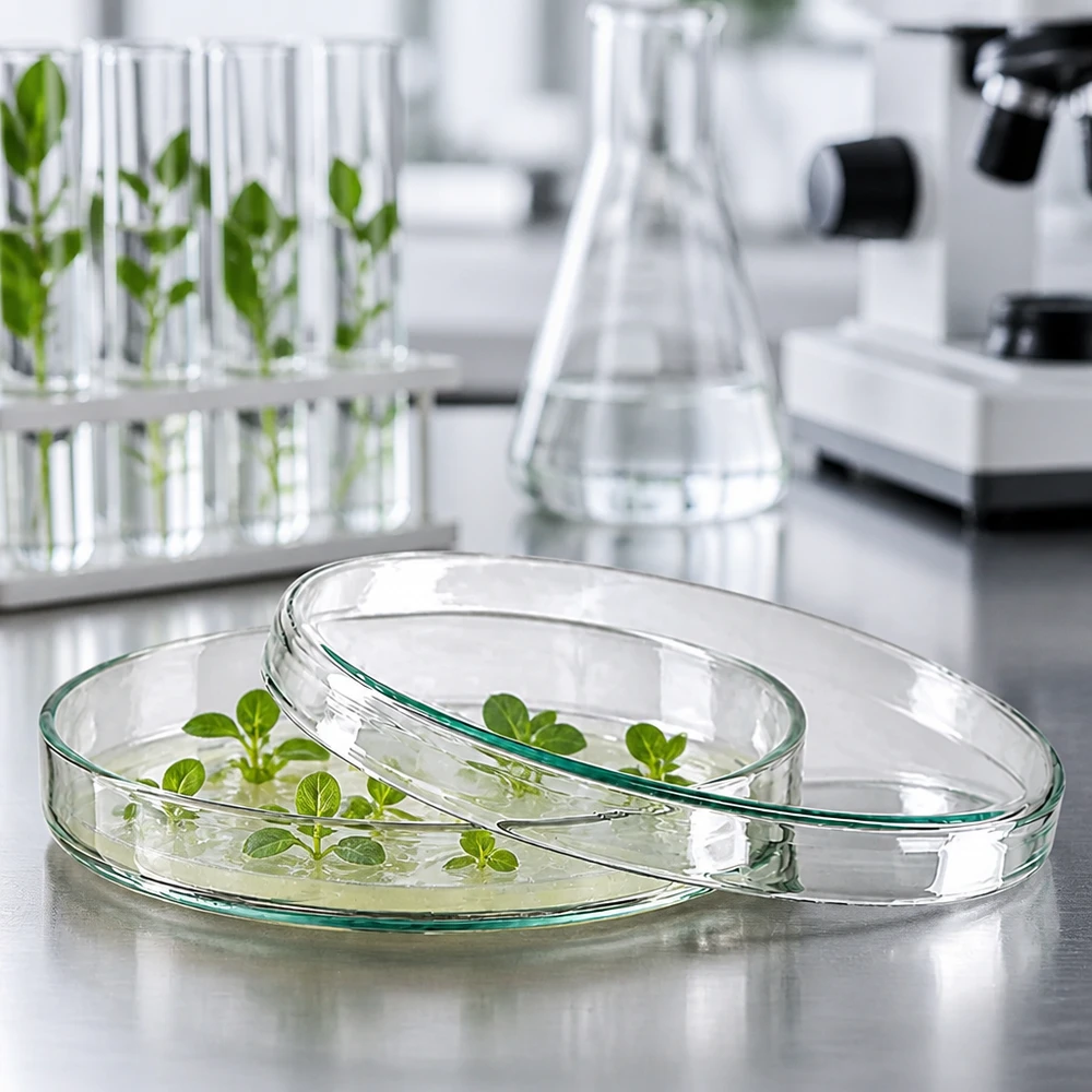 Placa de Petri de cristal de 100 x 15 mm con plántulas verdes sobre un medio de cultivo amarillento en el laboratorio