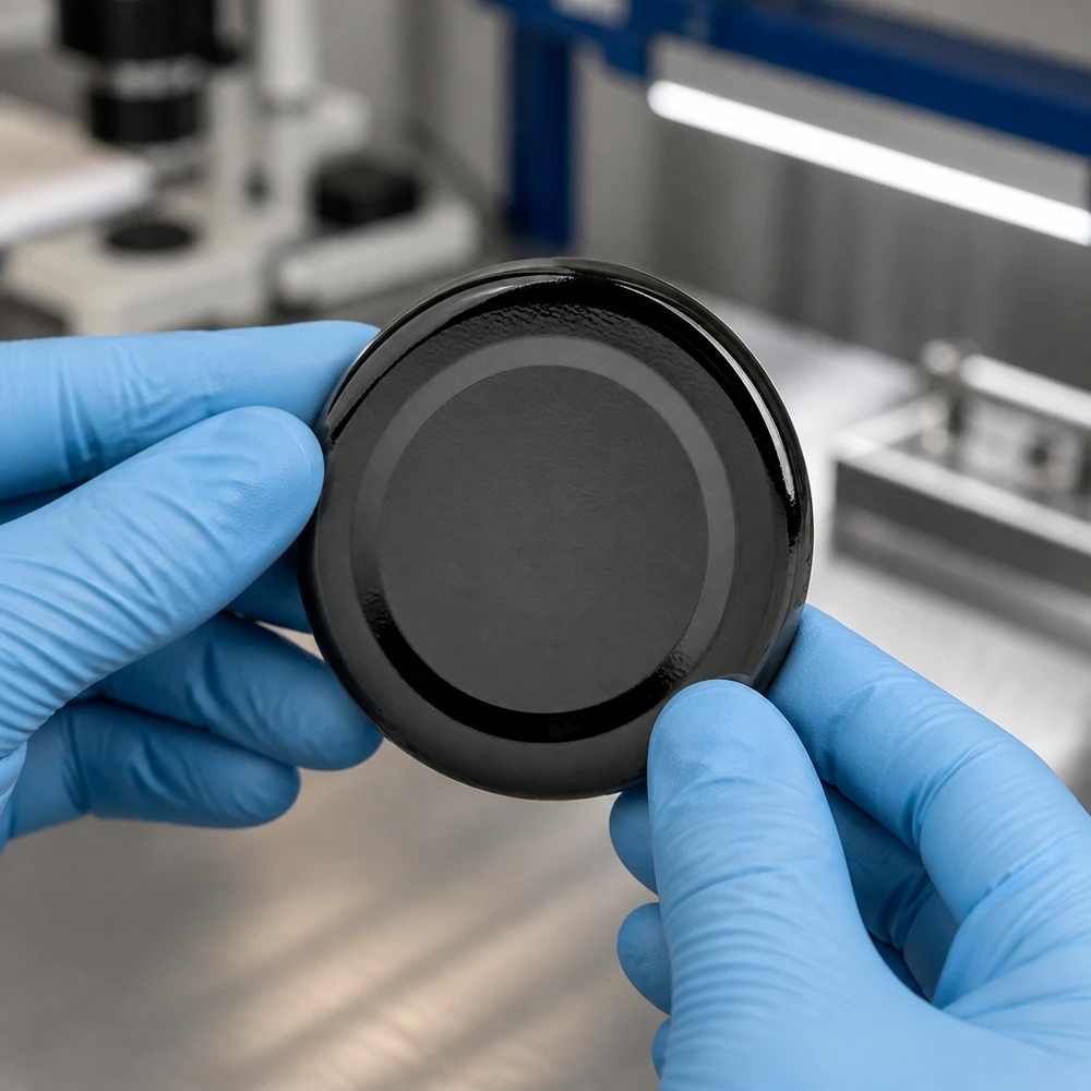 Tapa BasicSeal de 48 mm, negra (TO48) UNiTWIST Inspección en laboratorio de una tapa roscada BasicSeal TO48 negra de 48 mm con guantes protectores azules