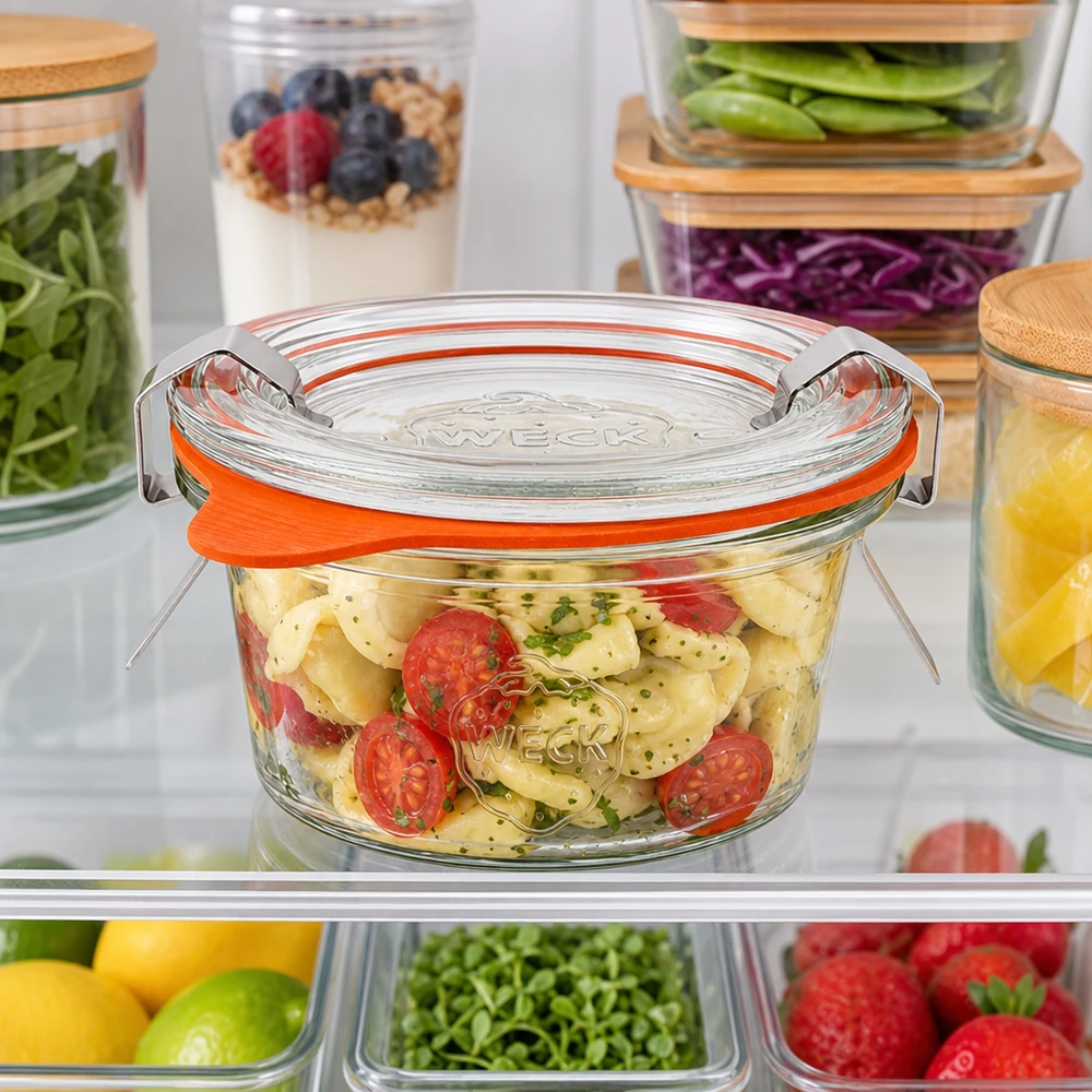WECK 50ml vasos RR60 en la nevera lleno de ensalada de pasta entre otros recipientes de alimentos para el almacenamiento